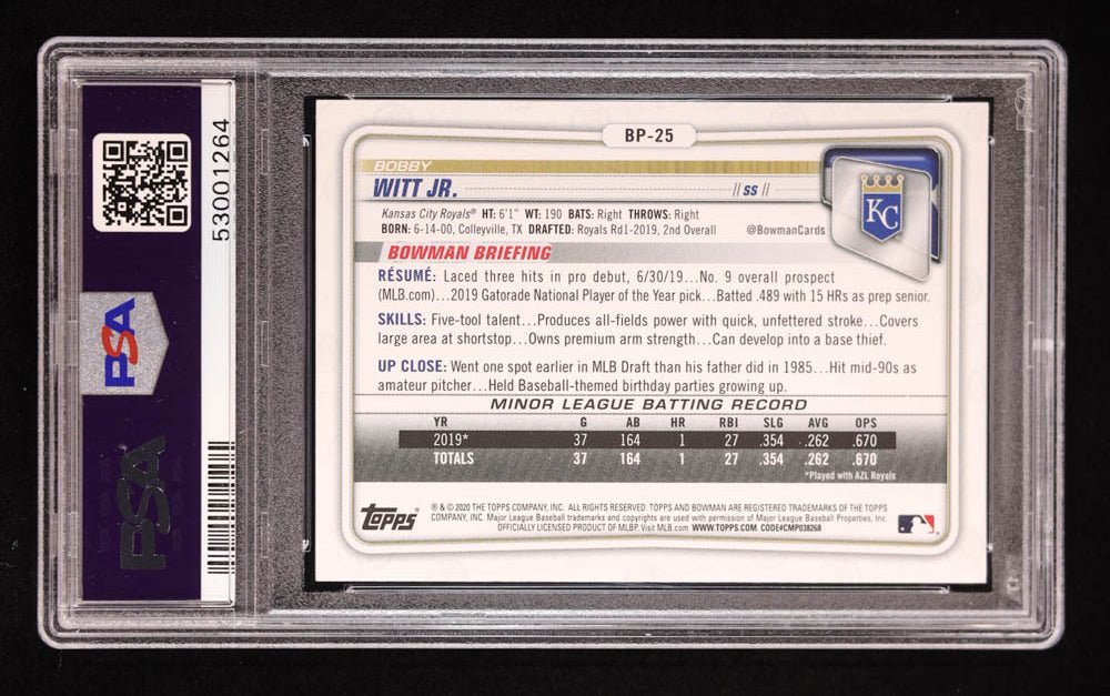 Bobby Witt Jr. Signed 2020 Bowman Prospects Paper #BP25 RC (PSA 7 | Autograph Graded 9) Rookie Card