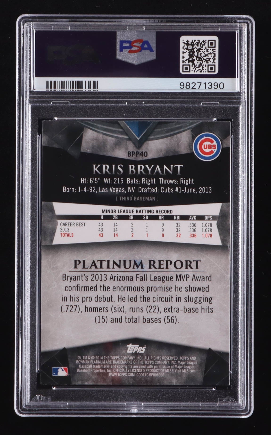Kris Bryant Signed 2014 Bowman Platinum Prospects #BPP40 RC (PSA | Auto 10) Rookie Card