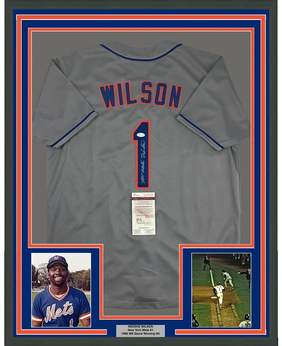 Framed Autographed/Signed Mookie Wilson 35x39 New York Grey Baseball Jersey JSA COA
