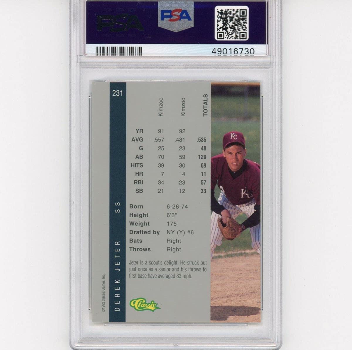 Graded 1992 Classic 4 Sport Derek Jeter #231 Rookie RC Baseball Card PSA 10 Gem Mint