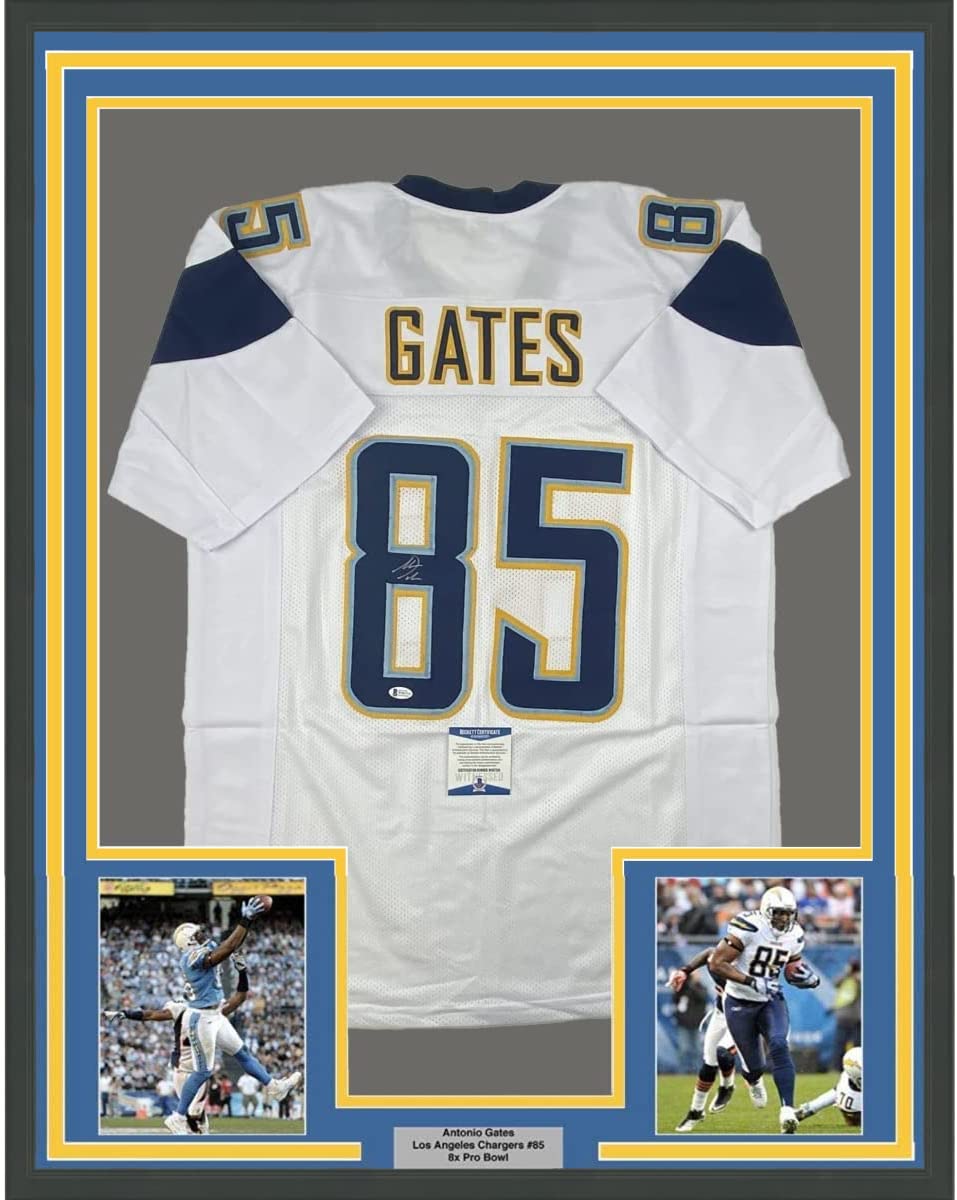 Framed Autographed/Signed Antonio Gates 35x39 Los Angeles LA White Football Jersey Beckett BAS COA