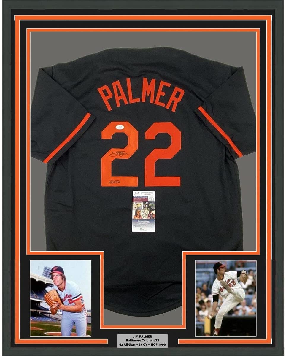 Framed Autographed/Signed Jim Palmer HOF 1990 35x39 Baltimore Black Baseball Jersey JSA COA