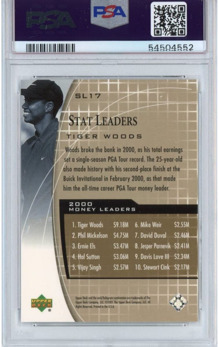 Graded 2001 Upper Deck UD Golf Tiger Woods #SL17 Stat Leaders Rookie RC Golf Card PSA 10 Gem Mint
