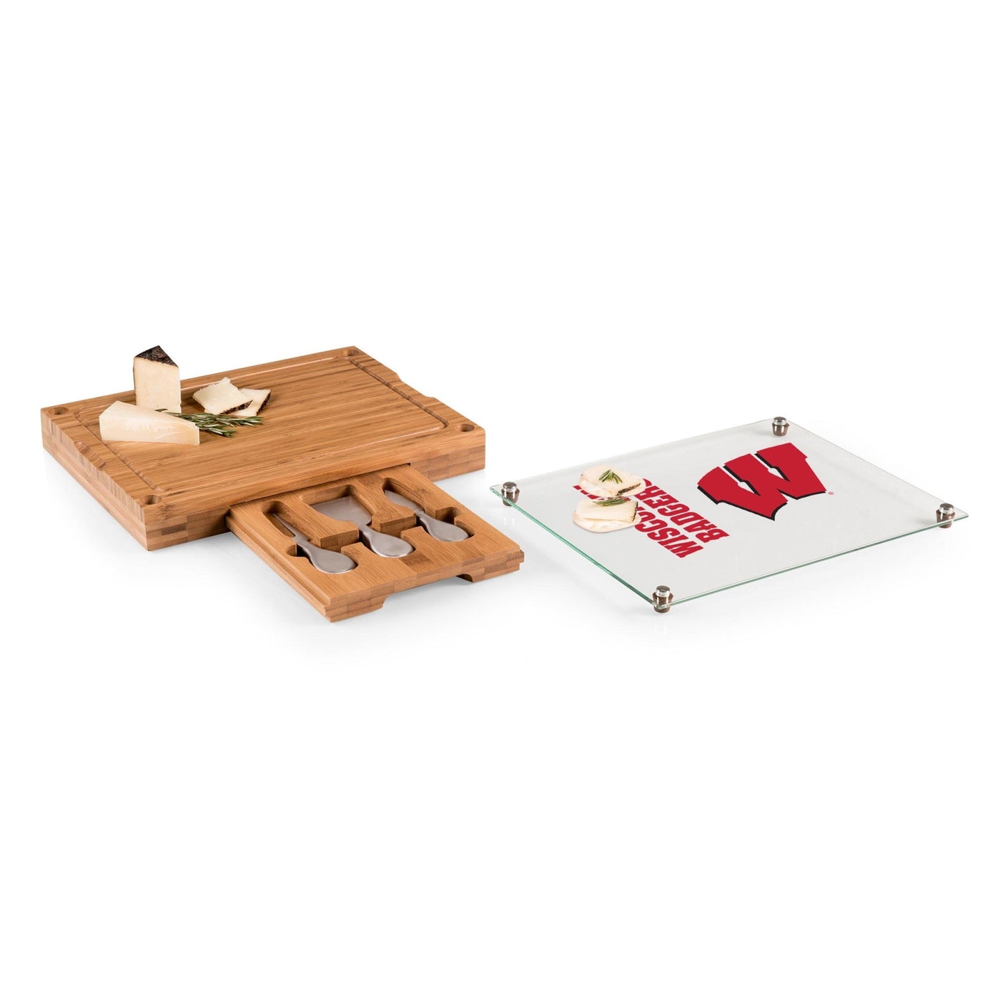 Wisconsin Badgers - Concerto Glass Top Cheese Cutting Board & Tools Set