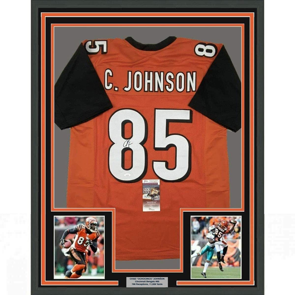 Framed Autographed/Signed Chad Johnson Ochocinco 35x39 Cincinnati Orange Football Jersey JSA COA