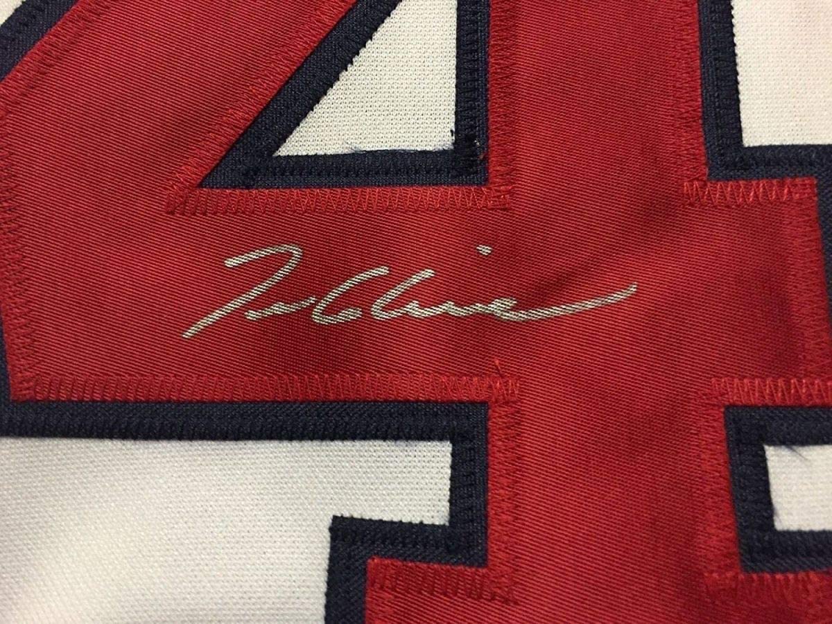 Framed Autographed/Signed Tom Glavine 35x39 Atlanta White Baseball Jersey JSA COA