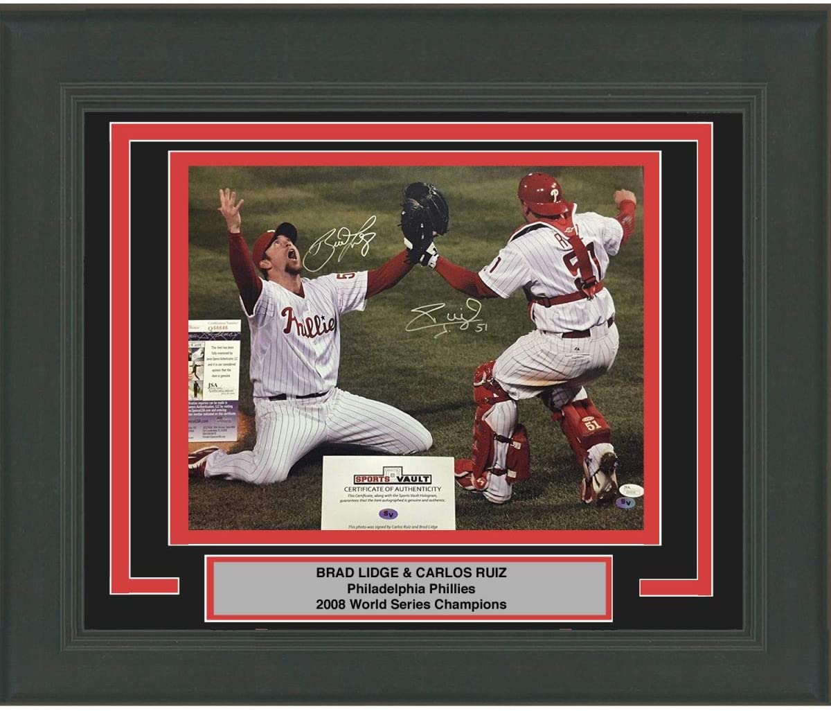 Framed Autographed/Signed Brad Lidge & Carlos Ruiz Dual 2008 World Series Philadelphia Phillies 16x20 Baseball Photo JSA COA