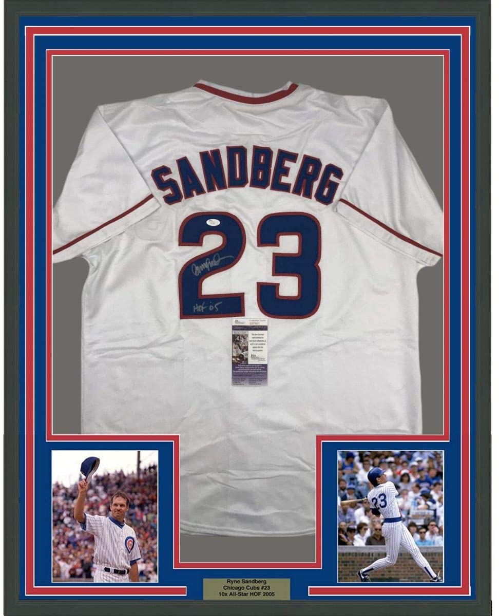 Framed Autographed/Signed Ryne Sandberg HOF 05 35x39 Chicago White Baseball Jersey JSA COA