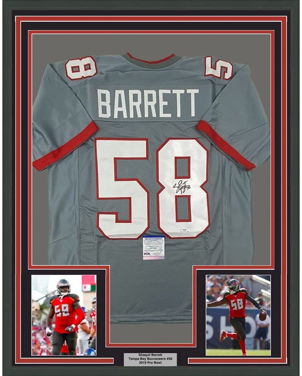 Framed Autographed/Signed Shaquil Shaq Barrett 35x39 Tampa Bay Pewter Grey Football Jersey PSA/DNA COA