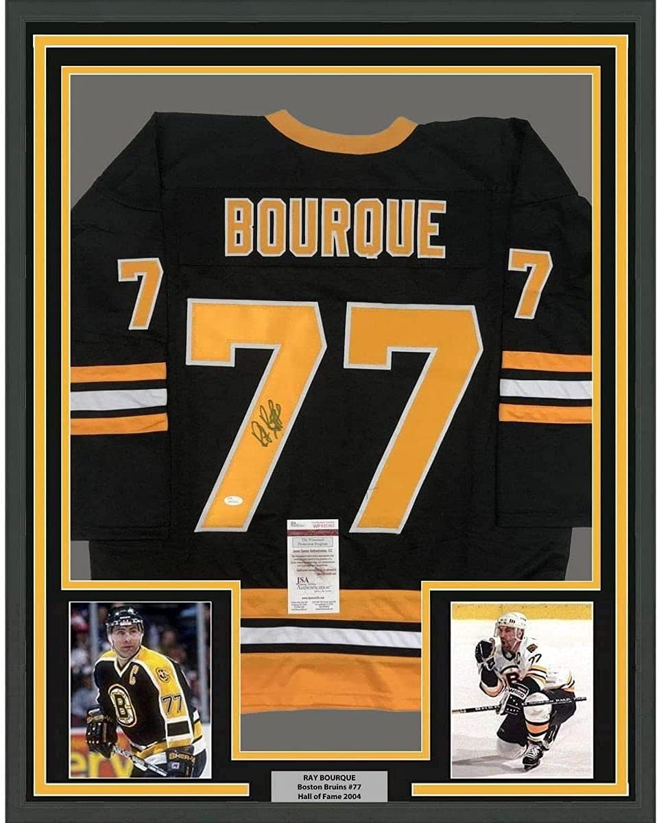 Framed Autographed/Signed Ray Bourque 35x39 Boston Black Hockey Jersey JSA COA