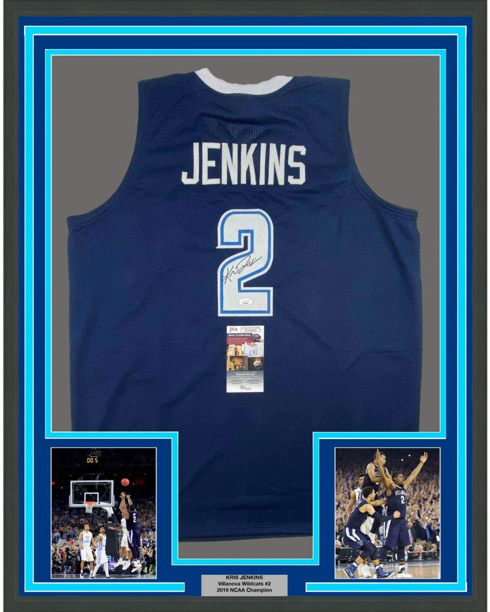 Framed Autographed/Signed Kris Jenkins 35x39 Villanova Blue College Basketball Jersey JSA COA