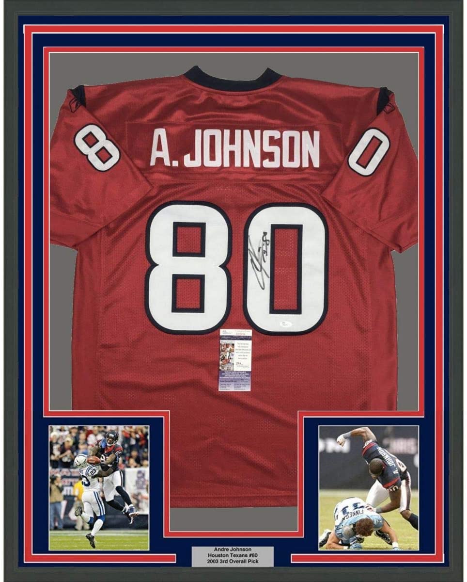 Framed Autographed/Signed Andre Johnson 35x39 Houston Texans Red Football Jersey JSA COA