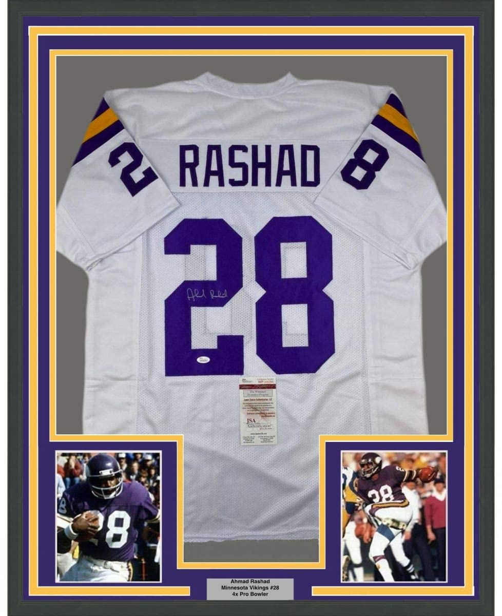 Framed Autographed/Signed Ahmad Rashad 35x39 Minnesota White Football Jersey JSA COA