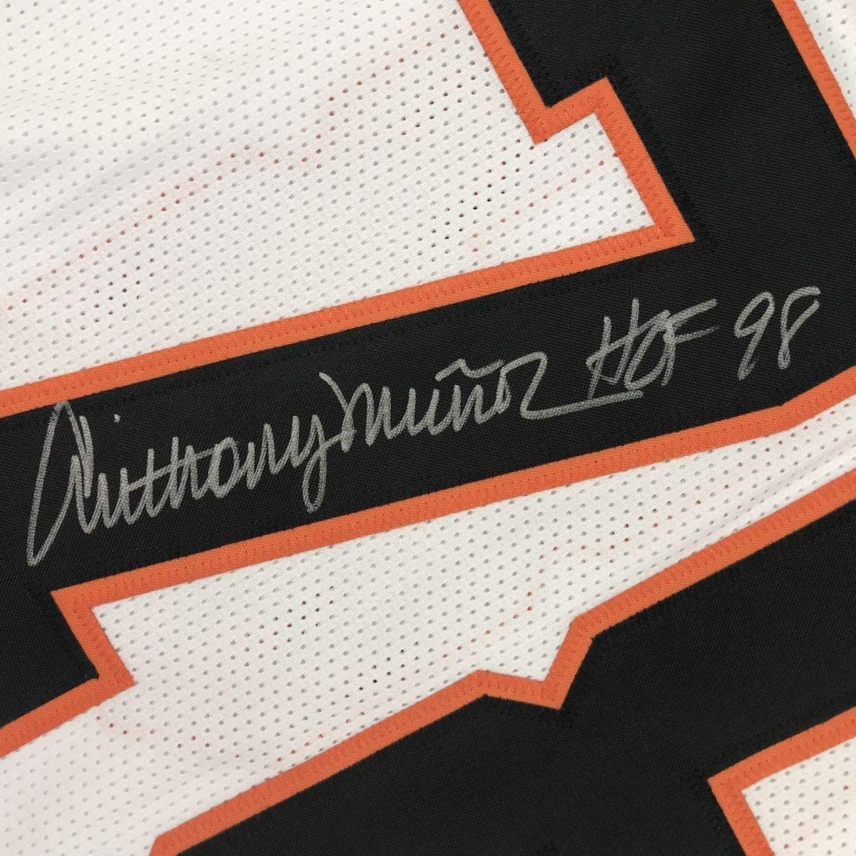 Framed Autographed/Signed Anthony Munoz HOF 98 35x39 Cincinnati White Football Jersey JSA COA