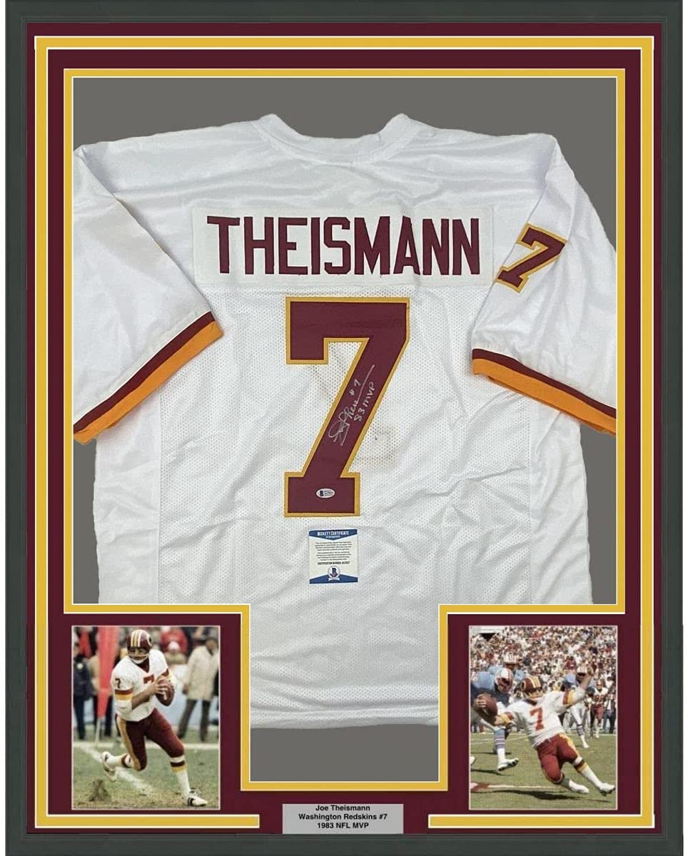 Framed Autographed/Signed Joe Theismann 35x39 83 MVP Washington White Football Jersey Beckett BAS COA