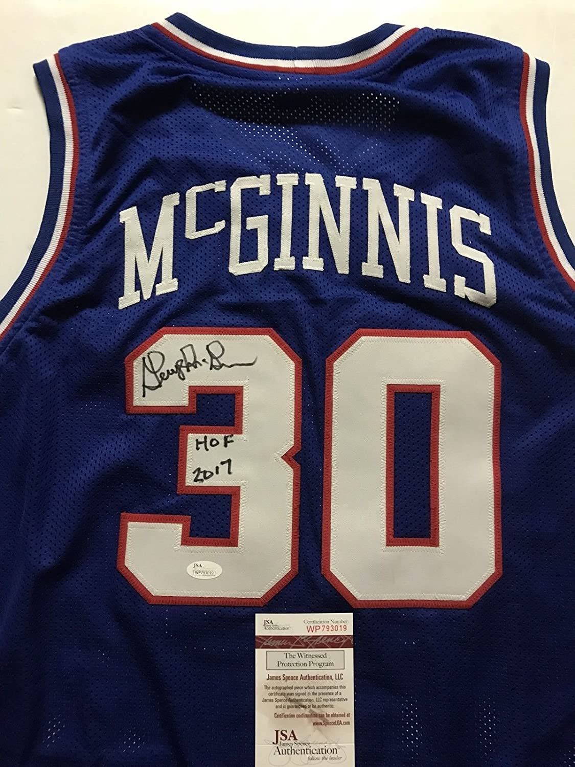 Autographed/Signed George McGinnis HOF 17 Philadelphia Blue Basketball Jersey JSA COA
