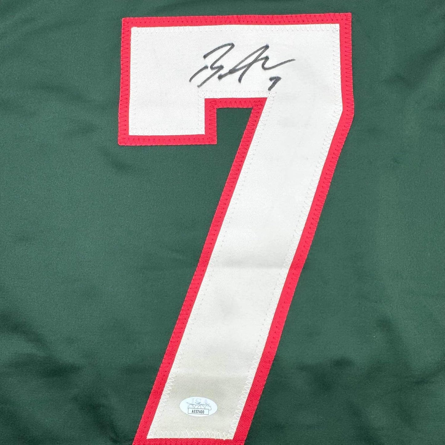 Framed Autographed/Signed Brock Faber 35x39 Minnesota Green Hockey Jersey JSA COA