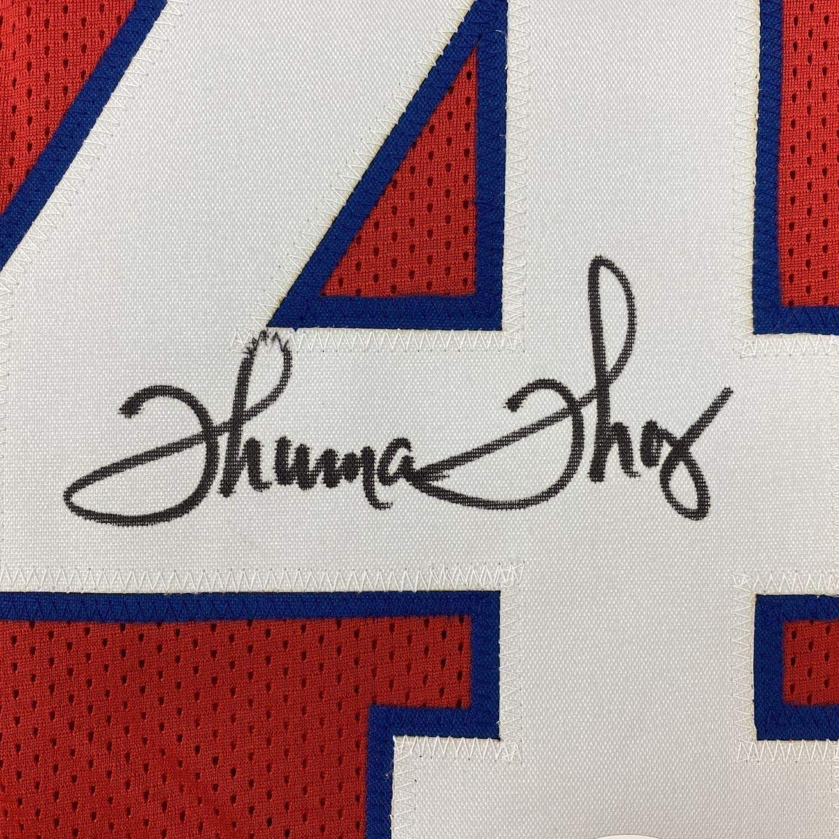 Framed Autographed/Signed Thurman Thomas 35x39 Buffalo Red Football Jersey JSA COA
