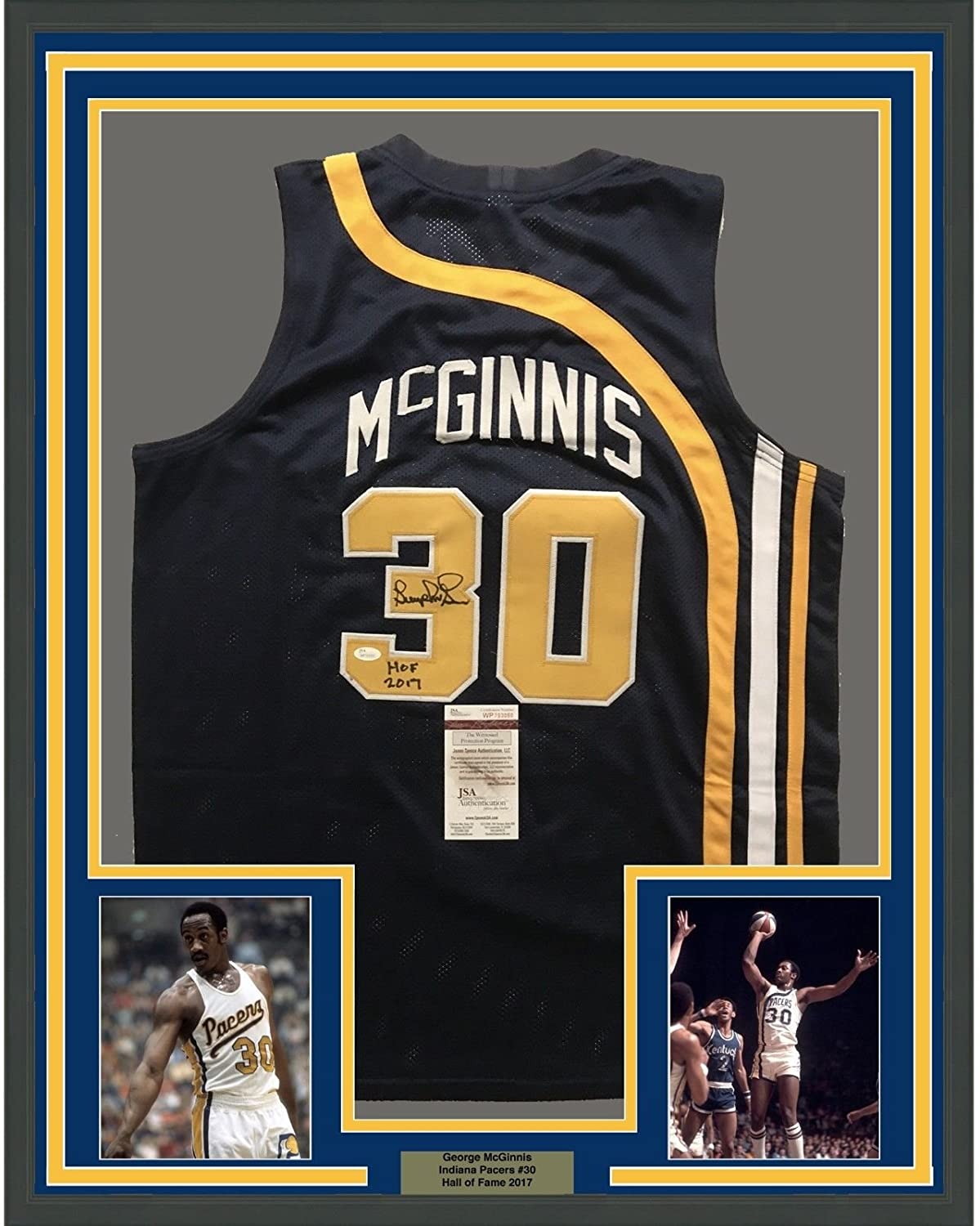 Framed Autographed/Signed George McGinnis HOF 17 35x39 Indiana Blue Basketball Jersey JSA COA