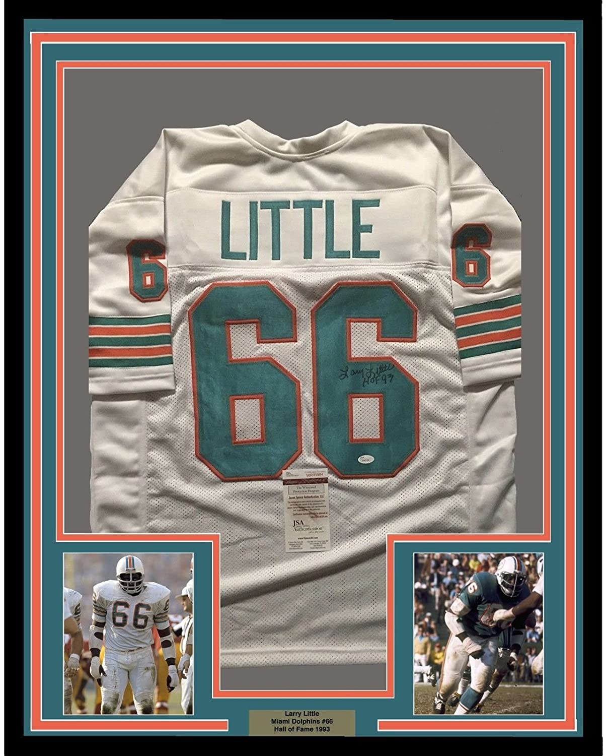 Framed Autographed/Signed Larry Little HOF 93 35x39 Miami Dolphins White Football Jersey JSA COA