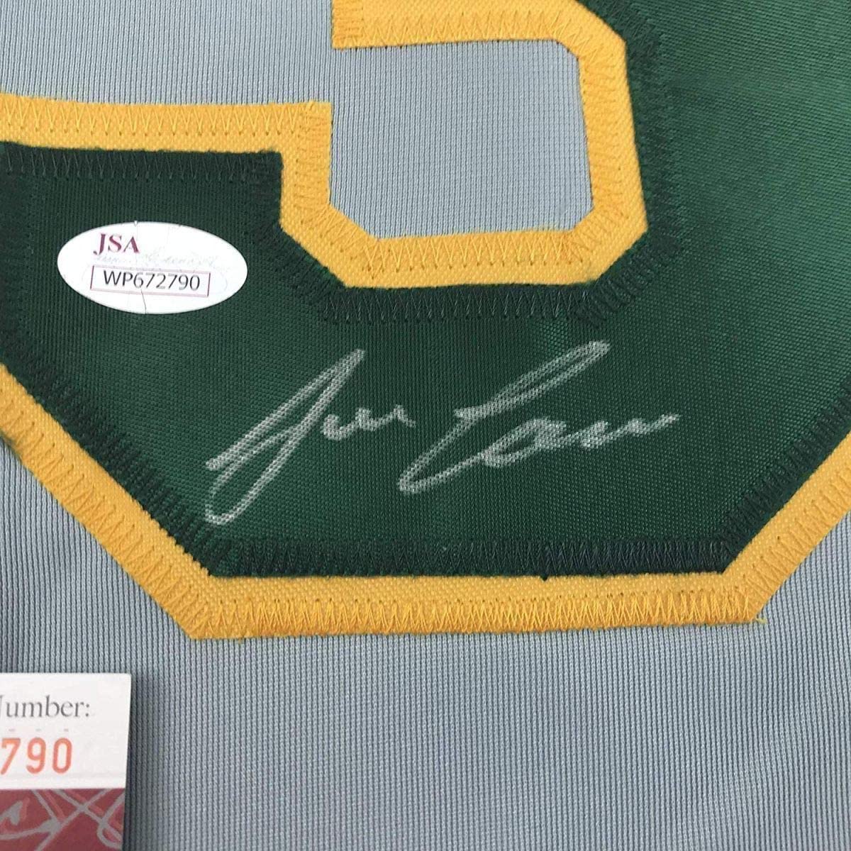 Framed Autographed/Signed Jose Canseco 35x39 Oakland Grey Baseball Jersey JSA COA