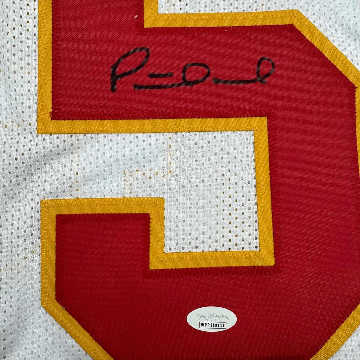 Framed Autographed/Signed Patrick Mahomes 35x39 Kansas City White Football Jersey JSA COA