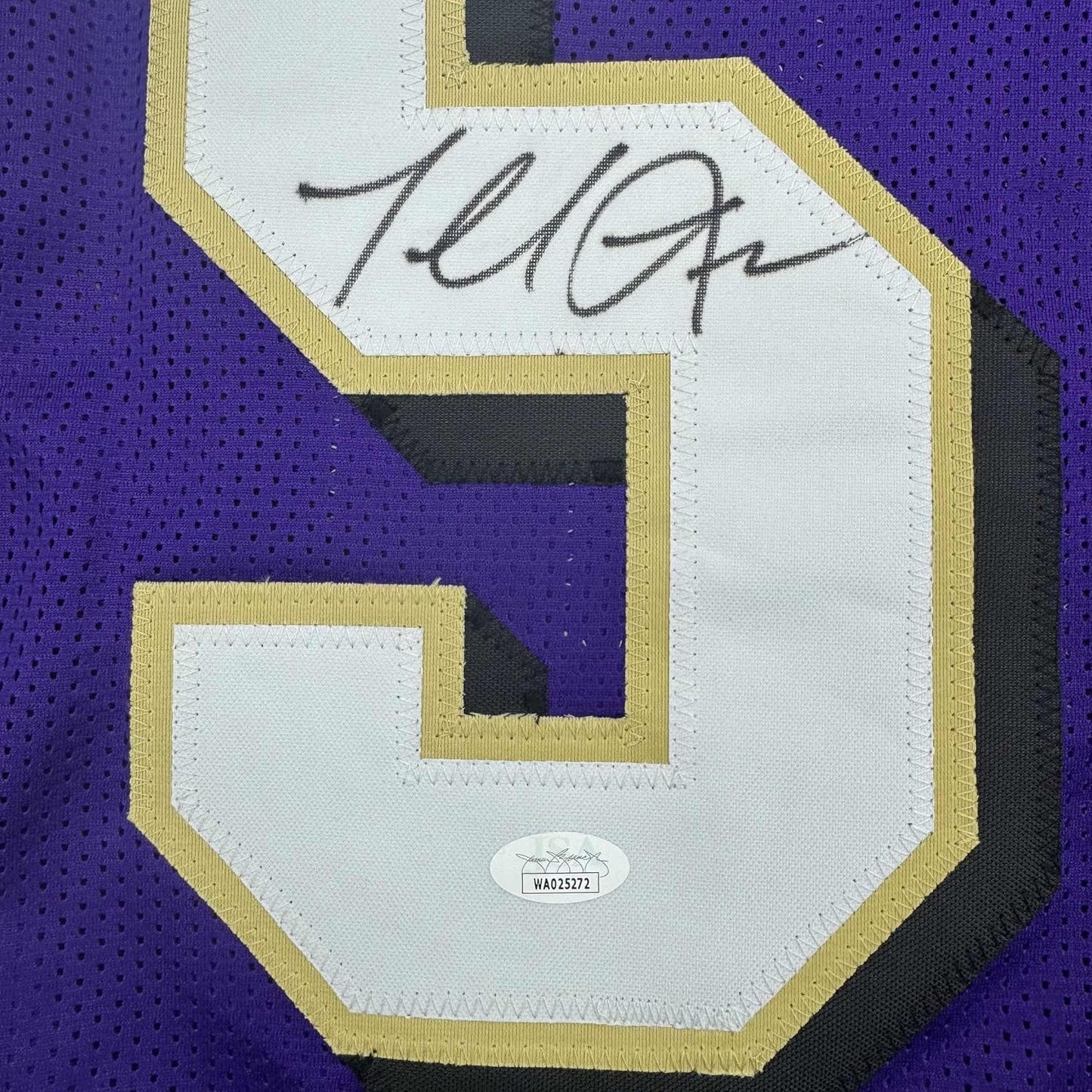 Framed Autographed/Signed Terrell Suggs 35x39 Baltimore Purple Football Jersey JSA COA #2