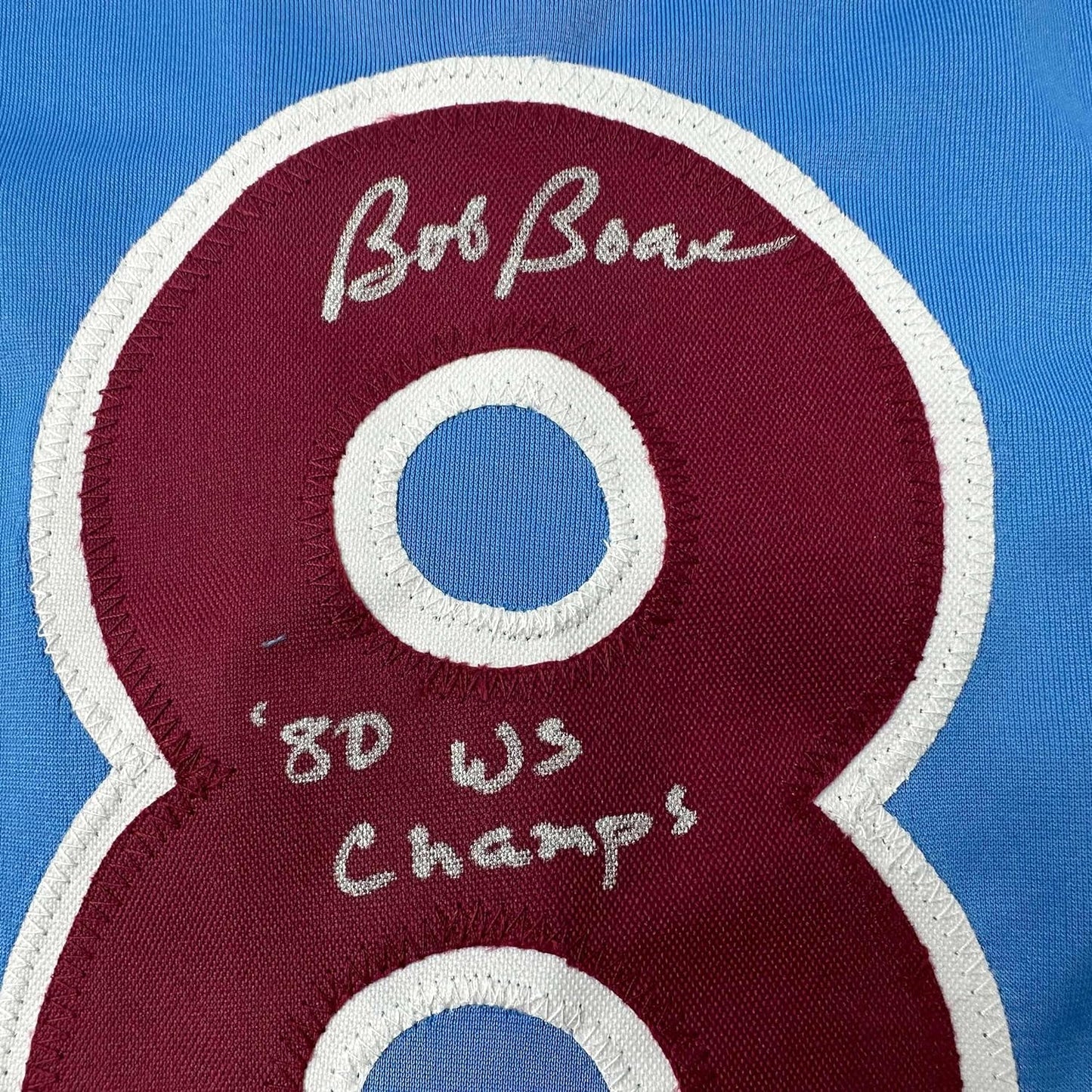 Framed Autographed/Signed Bob Boone 35x39 80 WS Champs Philadelphia Retro Blue Baseball Jersey JSA COA