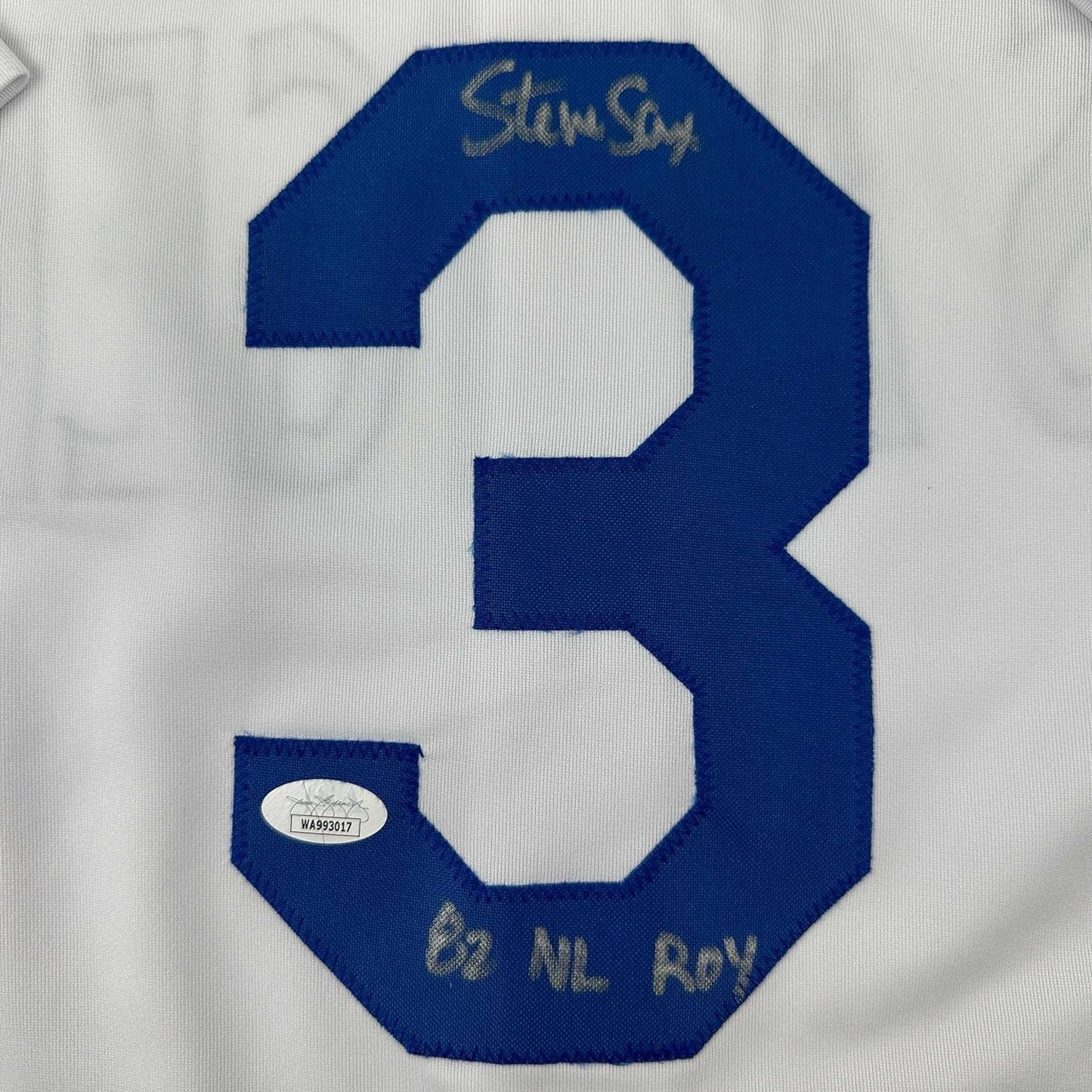 Framed Autographed/Signed Steve Sax 35x39 Los Angeles LA White Baseball Jersey JSA COA