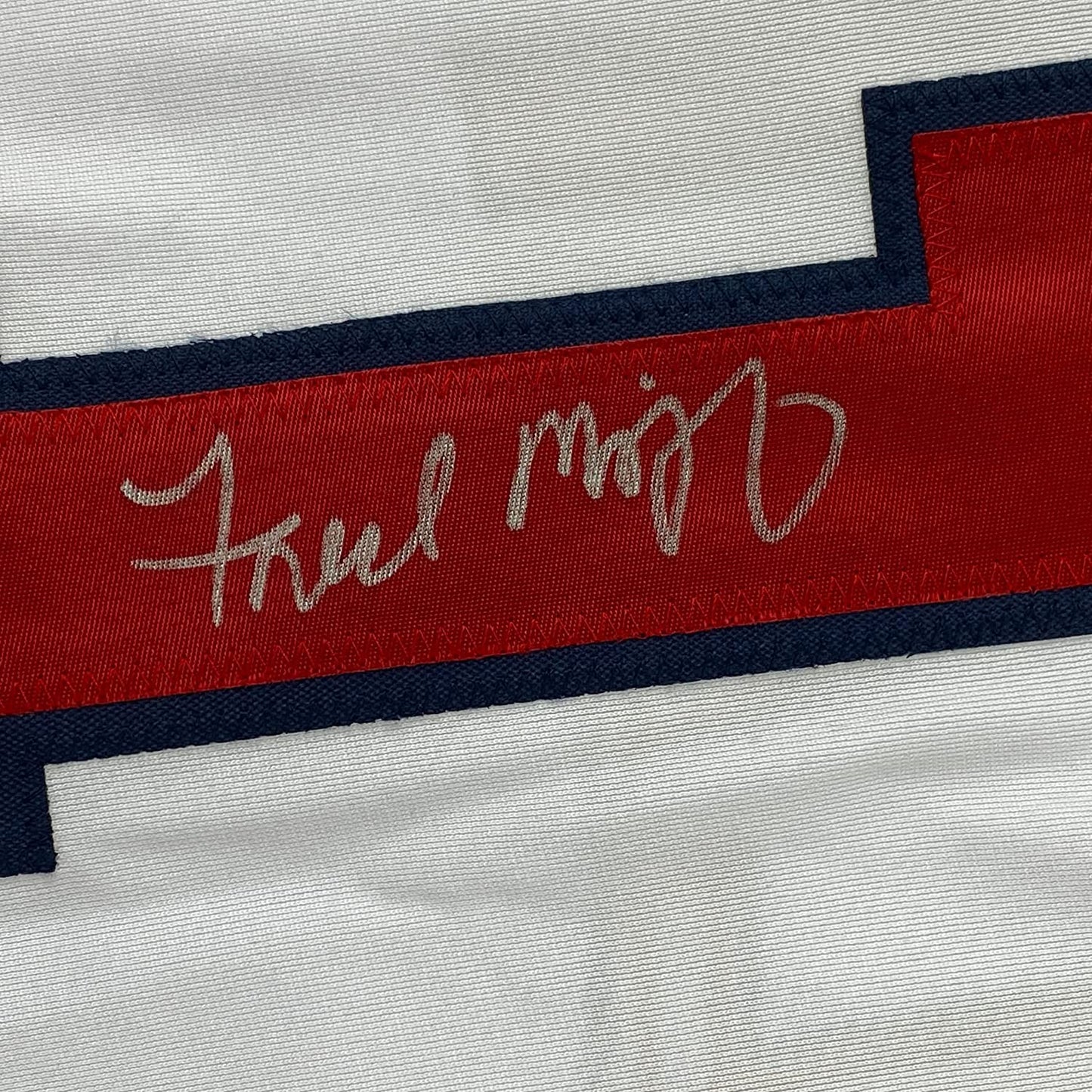 Framed Autographed/Signed Fred McGriff 35x39 Atlanta White Baseball Jersey JSA COA