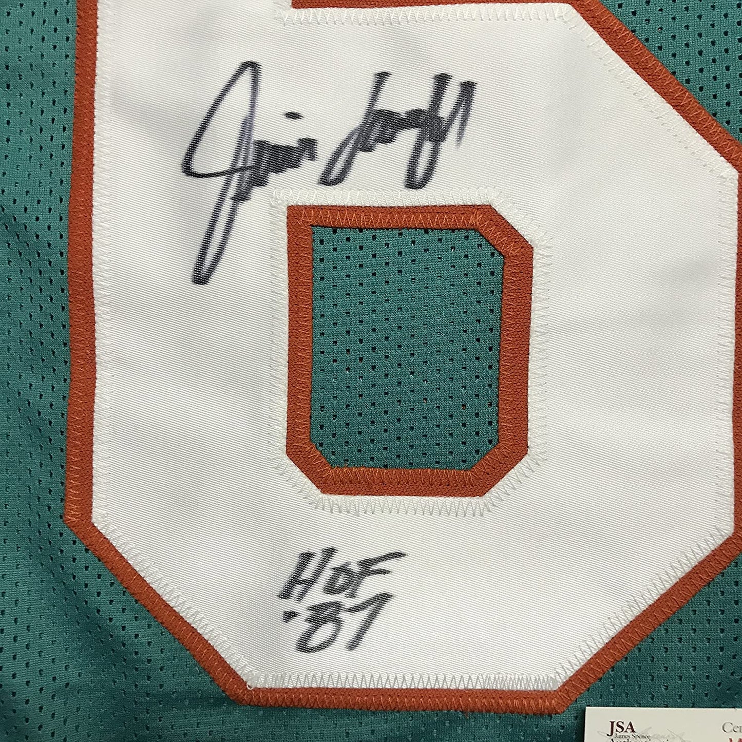 Autographed/Signed Jim Langer HOF 87 Miami Teal Football Jersey JSA COA