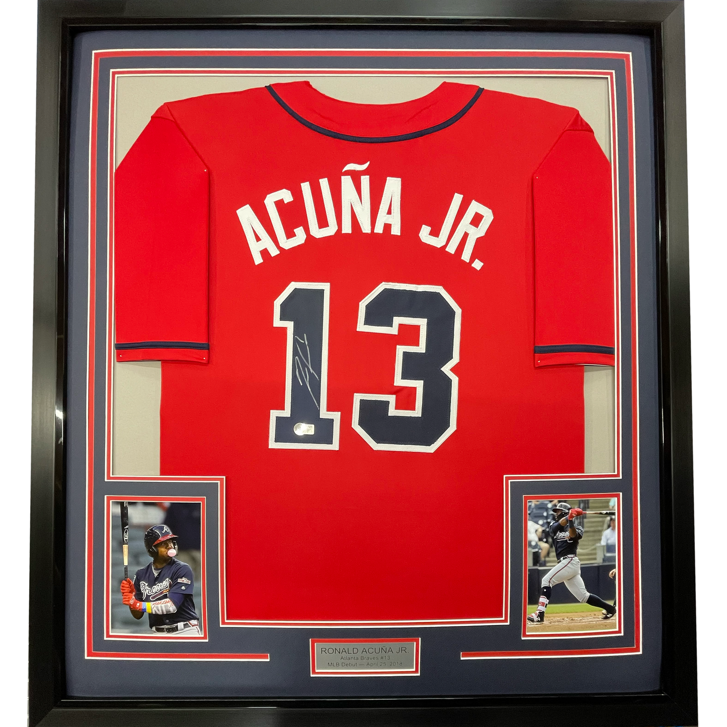 Framed Autographed/Signed Ronald Acuna Jr. 35x39 Atlanta Red Baseball Jersey JSA COA