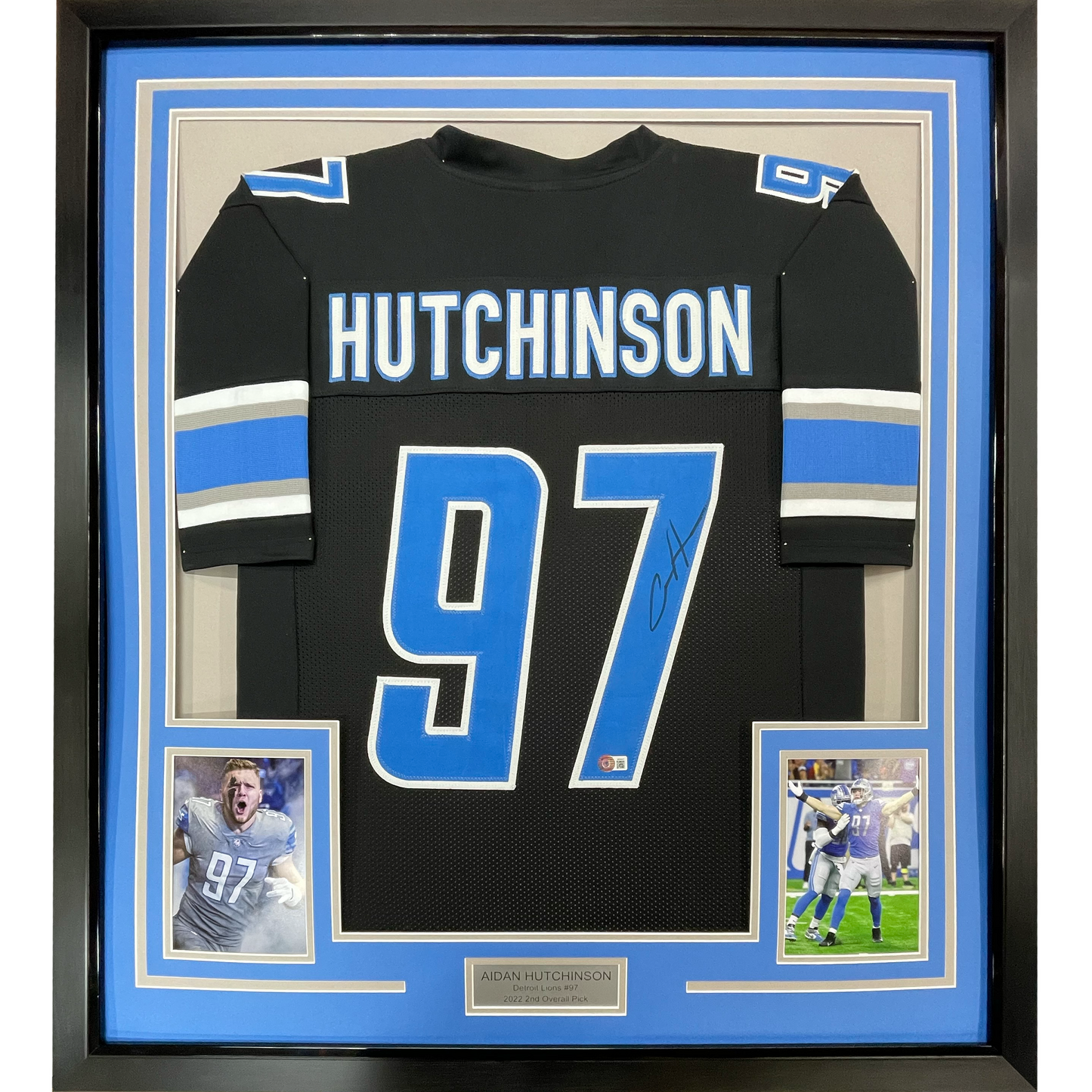 Framed Autographed/Signed Aidan Hutchinson 35x39 Detroit Black Football Jersey Beckett BAS COA