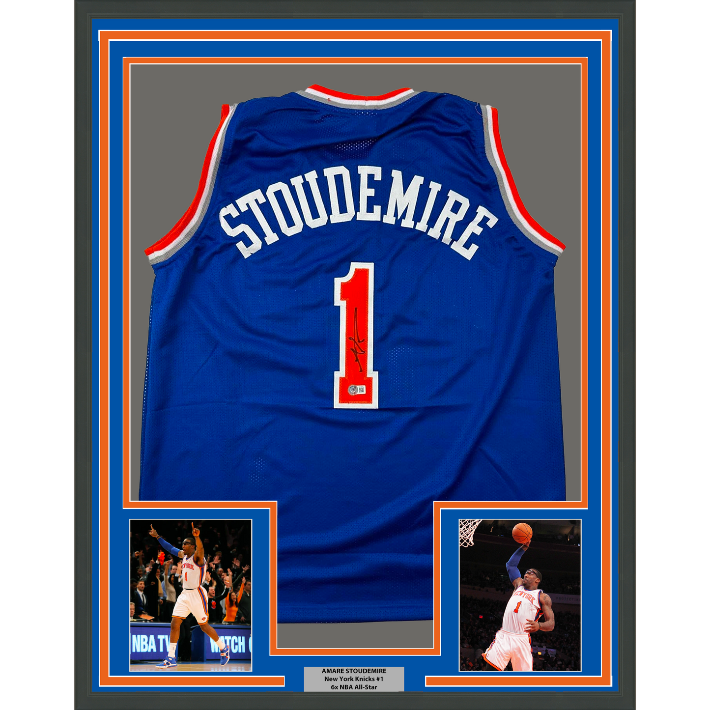 Framed Autographed/Signed Amare Stoudemire 35x39 New York Blue Basketball Jersey Beckett BAS COA