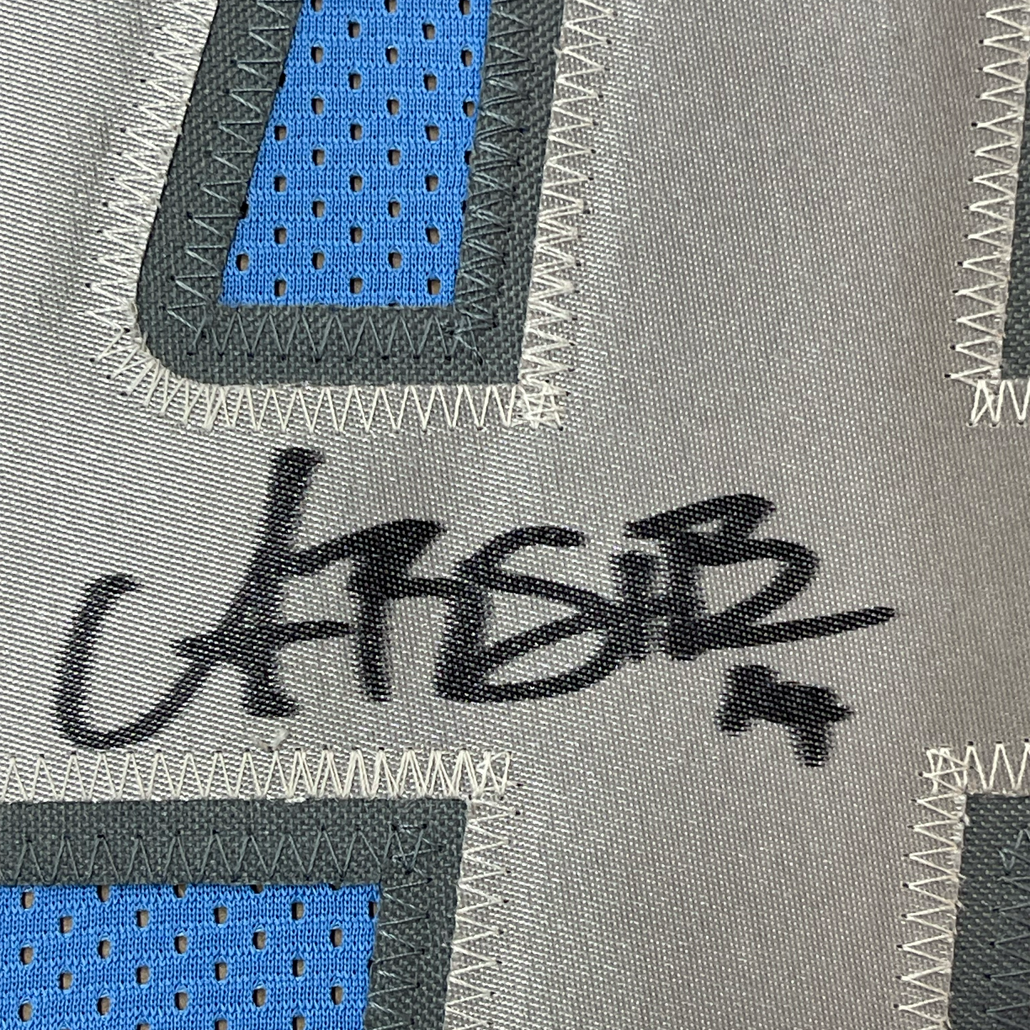 Framed Autographed/Signed Amon-Ra St. Brown 35x39 Detroit Blue Football Jersey Beckett BAS COA