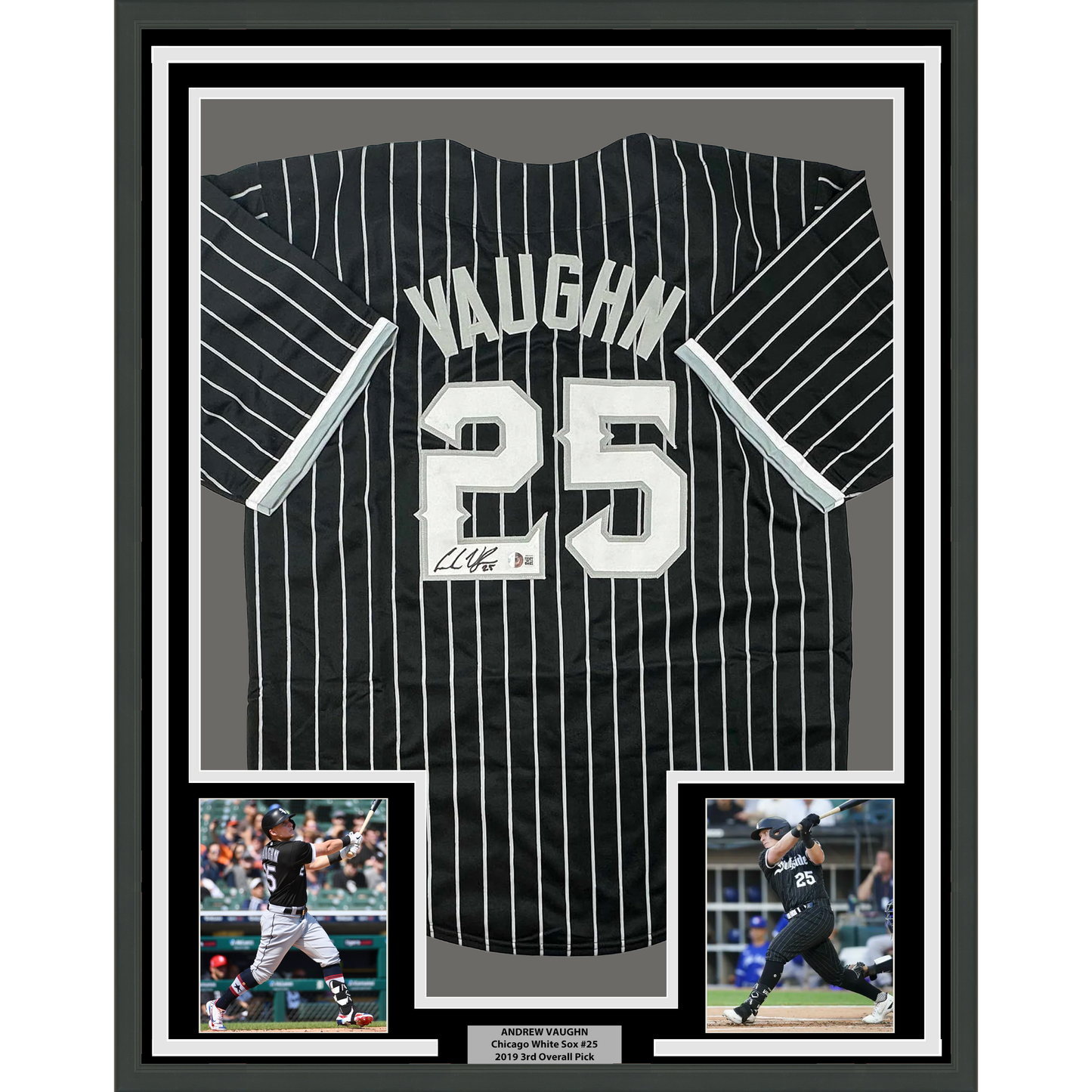 Framed Autographed/Signed Andrew Vaughn 35x39 Chicago Black Pinstripe City Edition Baseball Jersey Beckett BAS COA