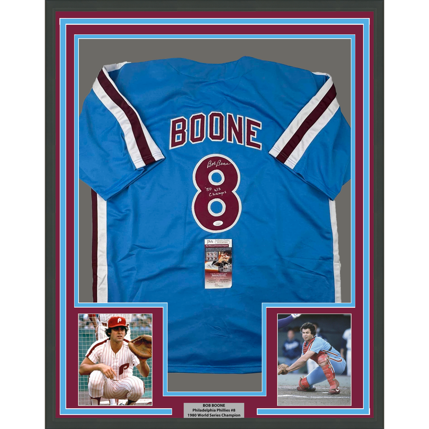 Framed Autographed/Signed Bob Boone 35x39 80 WS Champs Philadelphia Retro Blue Baseball Jersey JSA COA