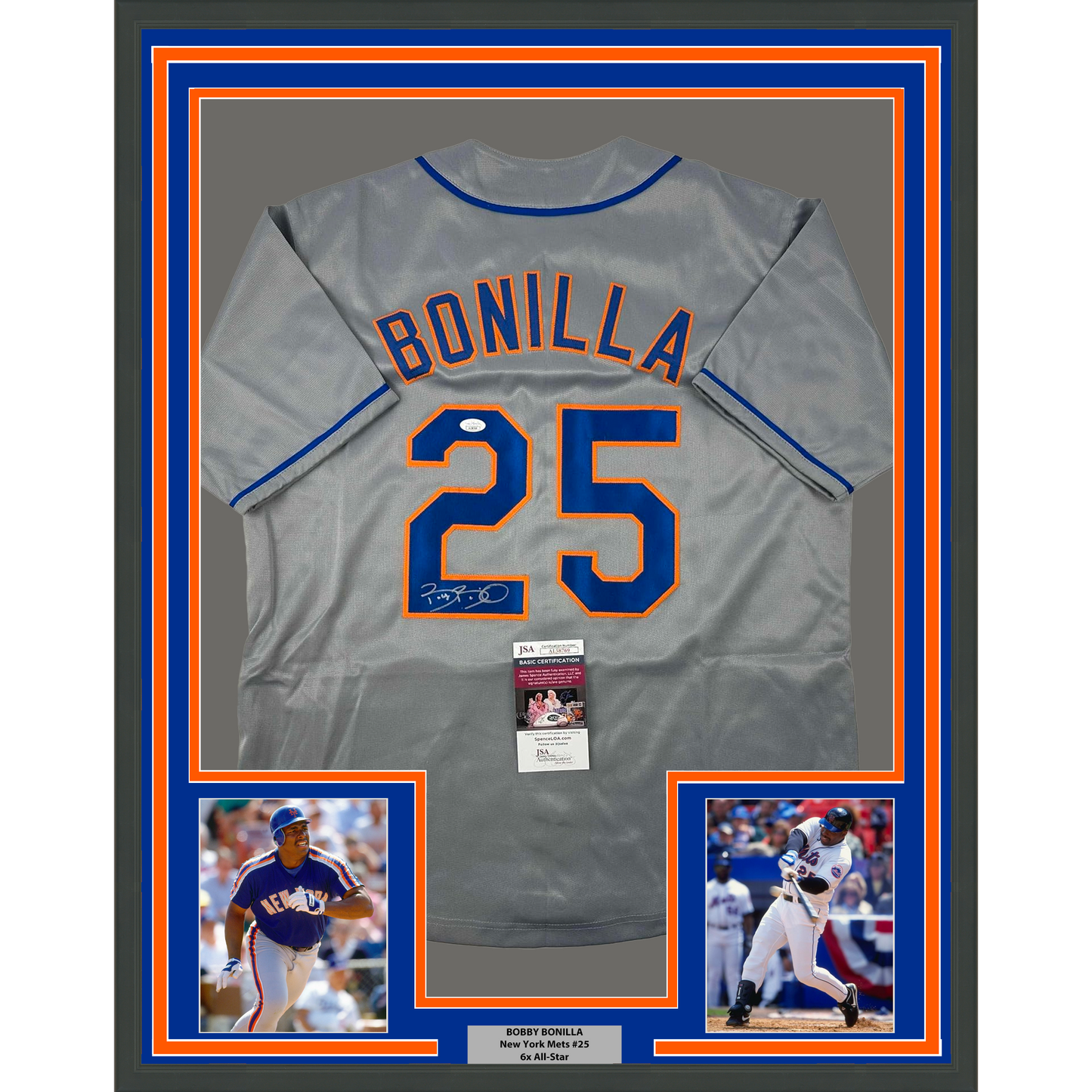 Framed Autographed/Signed Bobby Bonilla 35x39 New York Grey Baseball Jersey JSA COA