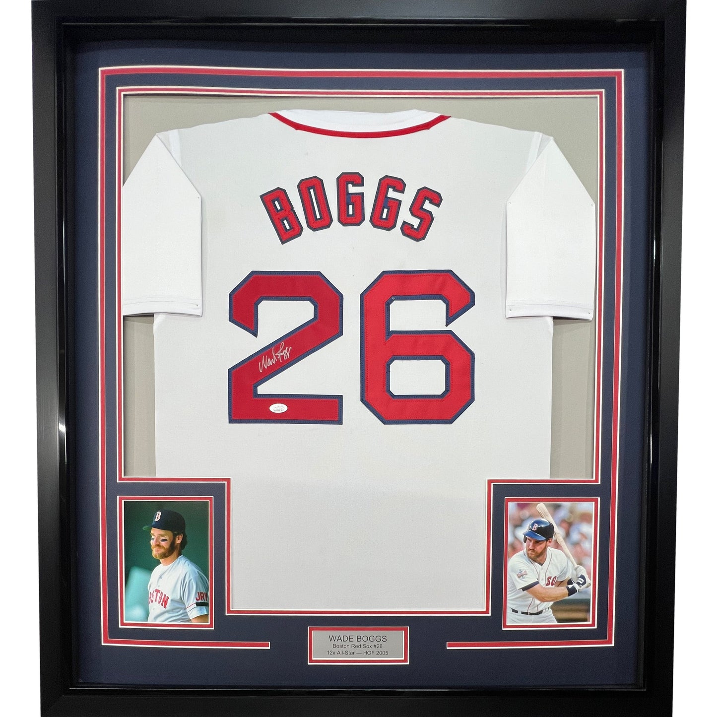 Framed Autographed/Signed Wade Boggs 35x39 Boston White Baseball Jersey JSA COA