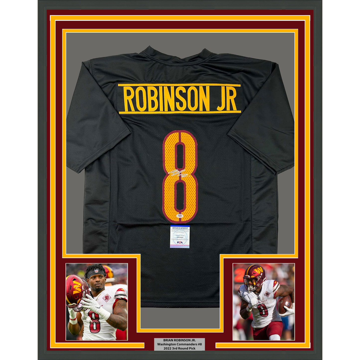 Framed Autographed/Signed Brian Robinson Jr. 35x39 Washington Black Football Jersey PSA/DNA COA