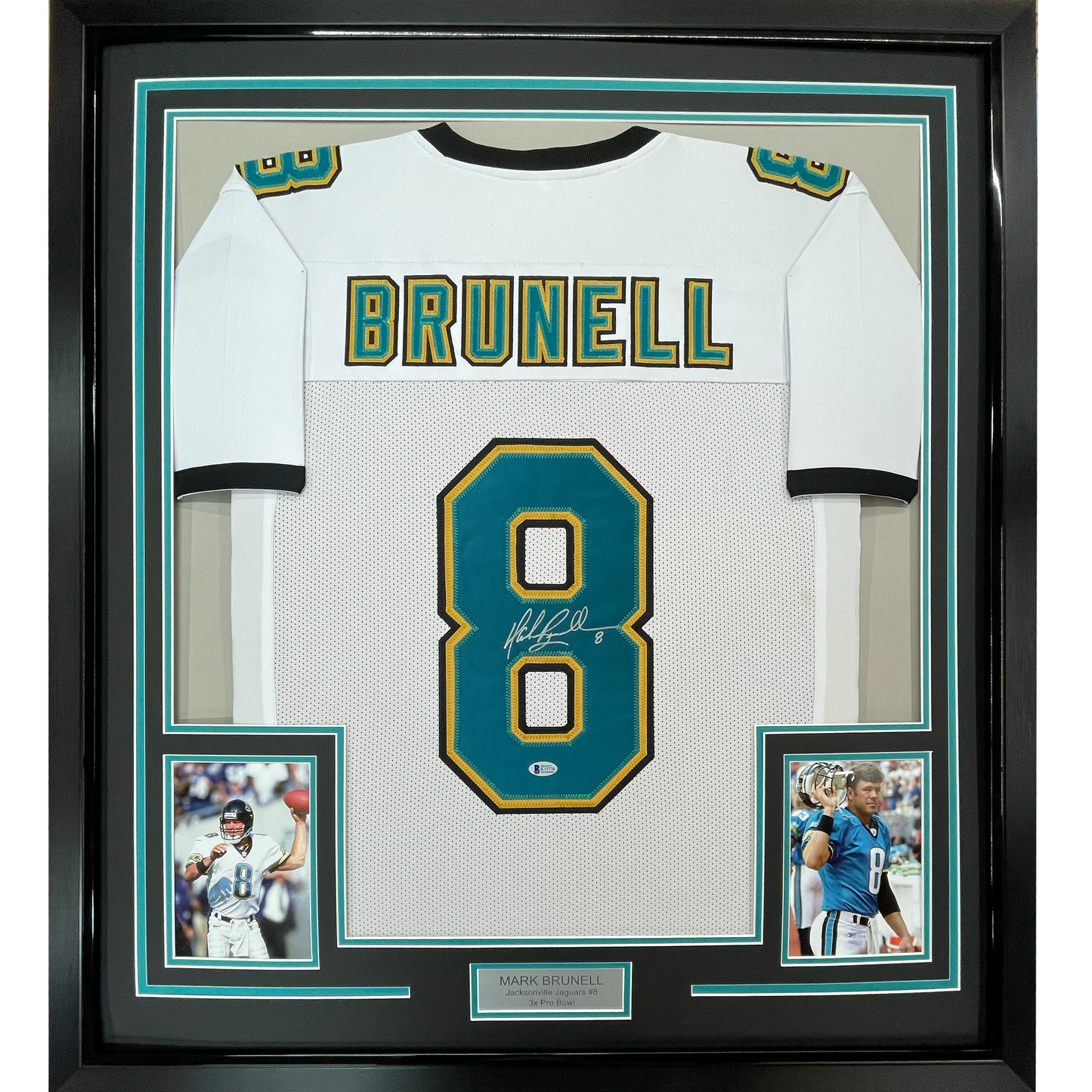 Framed Autographed/Signed Mark Brunell 35x39 Jacksonville White Football Jersey Beckett BAS COA