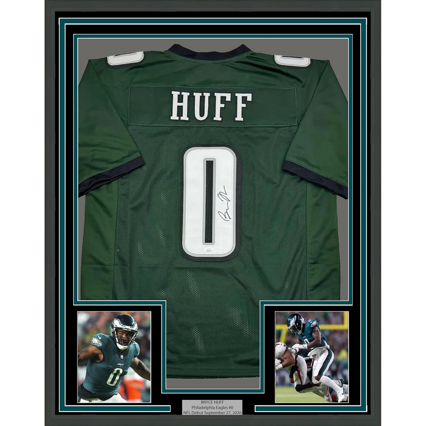 Framed Autographed/Signed Bryce Huff 35x39 Philadelphia Green Football Jersey JSA COA