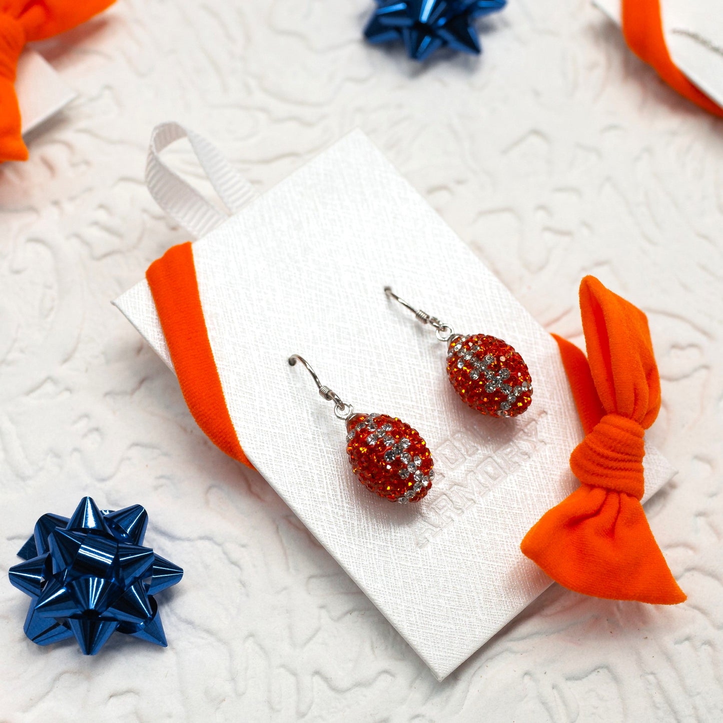 Orange with Clear Crystal Football Earrings