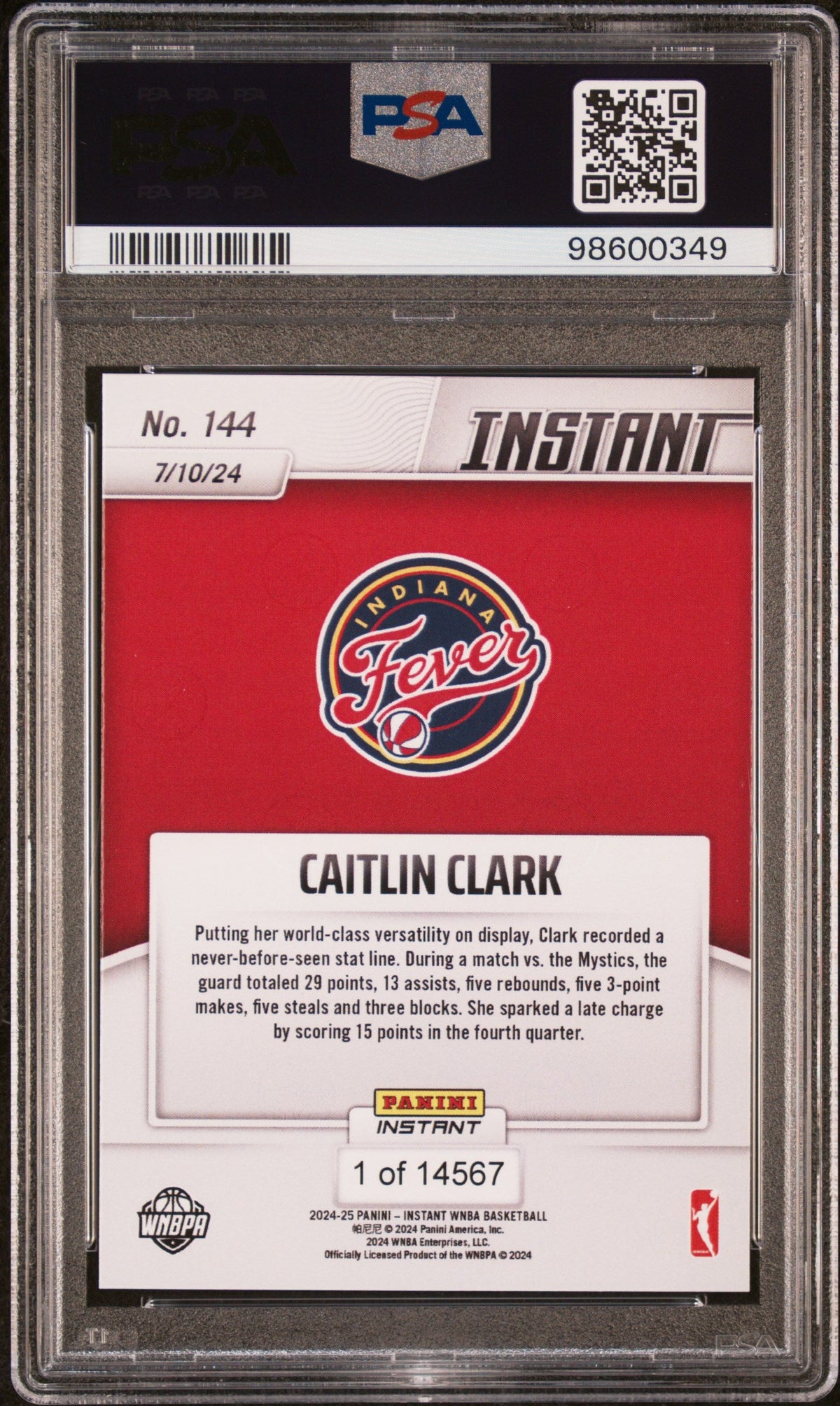 Graded 2024 Panini Instant WNBA Caitlin Clark #144 Rookie RC Basketball Card PSA 10 Gem Mint