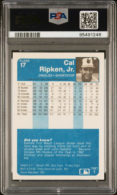 Graded 1984 Fleer Cal Ripken Jr. #17 Baseball Card PSA 9 Mint