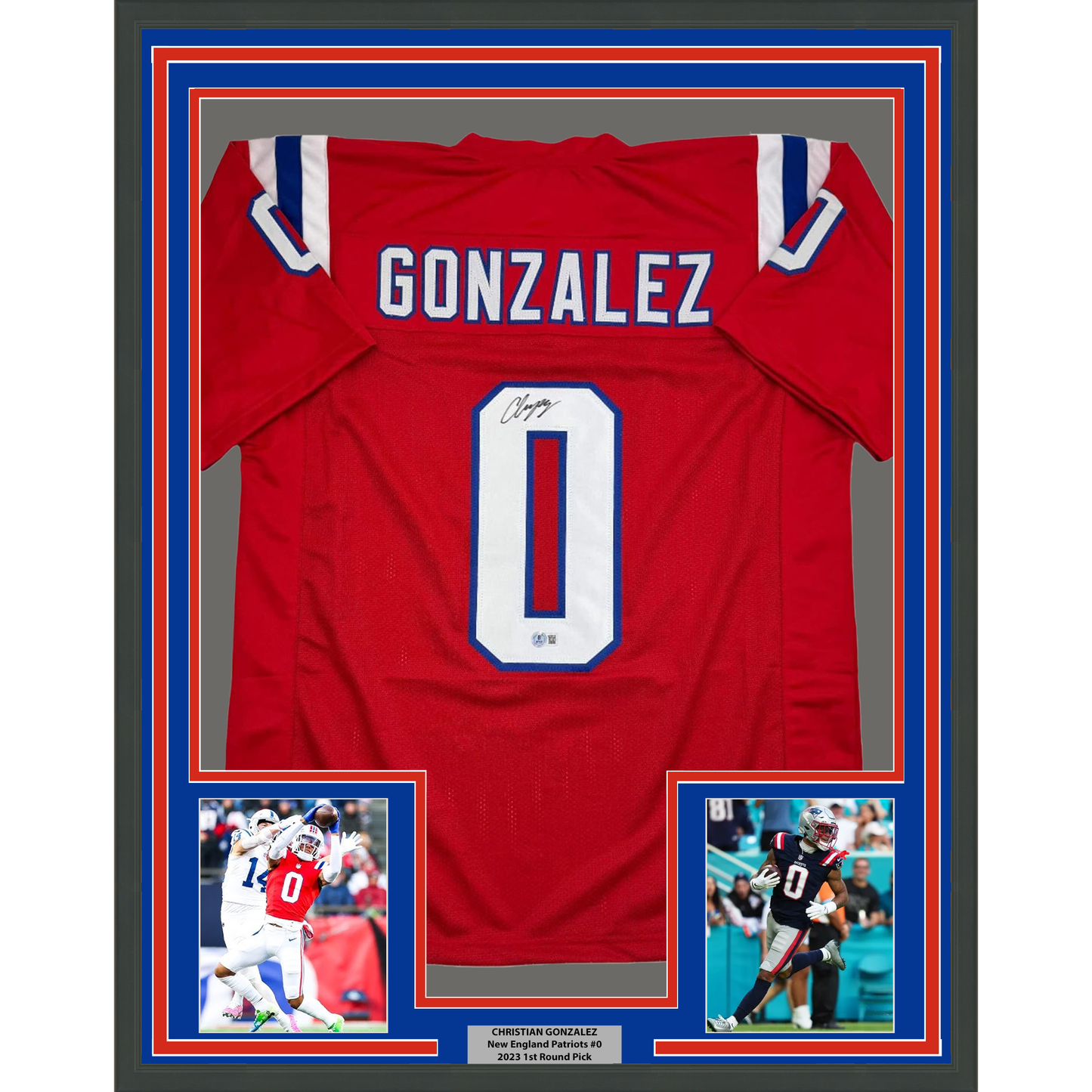 Framed Autographed/Signed Christian Gonzalez 35x39 New England Red Football Jersey Beckett BAS COA