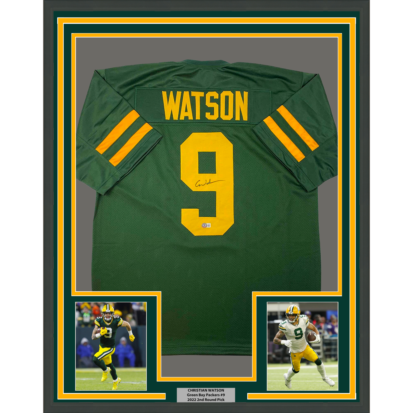 Framed Autographed/Signed Christian Watson 35x39 Green Bay Color Rush Green Football Jersey Beckett BAS COA