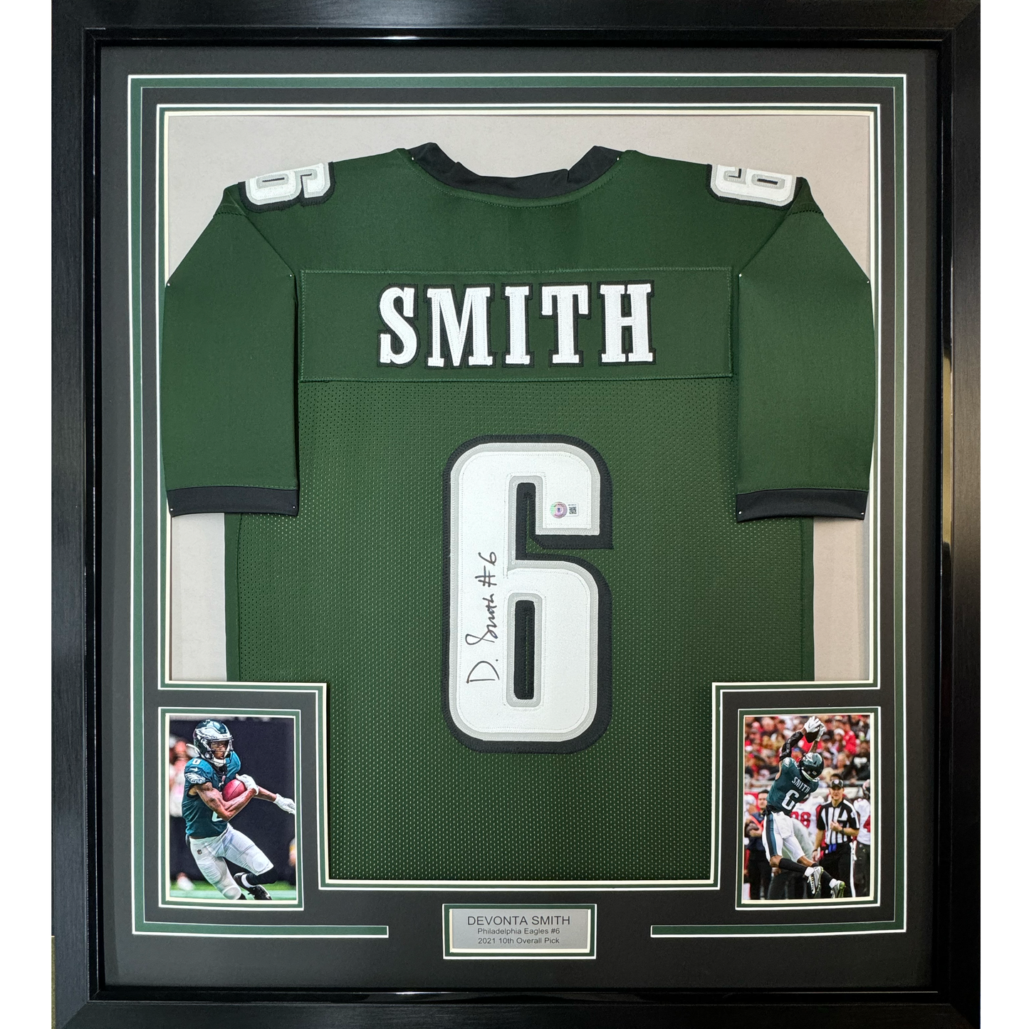 Framed Autographed/Signed Devonta Smith 35x39 Philadelphia Green Football Jersey Beckett BAS COA