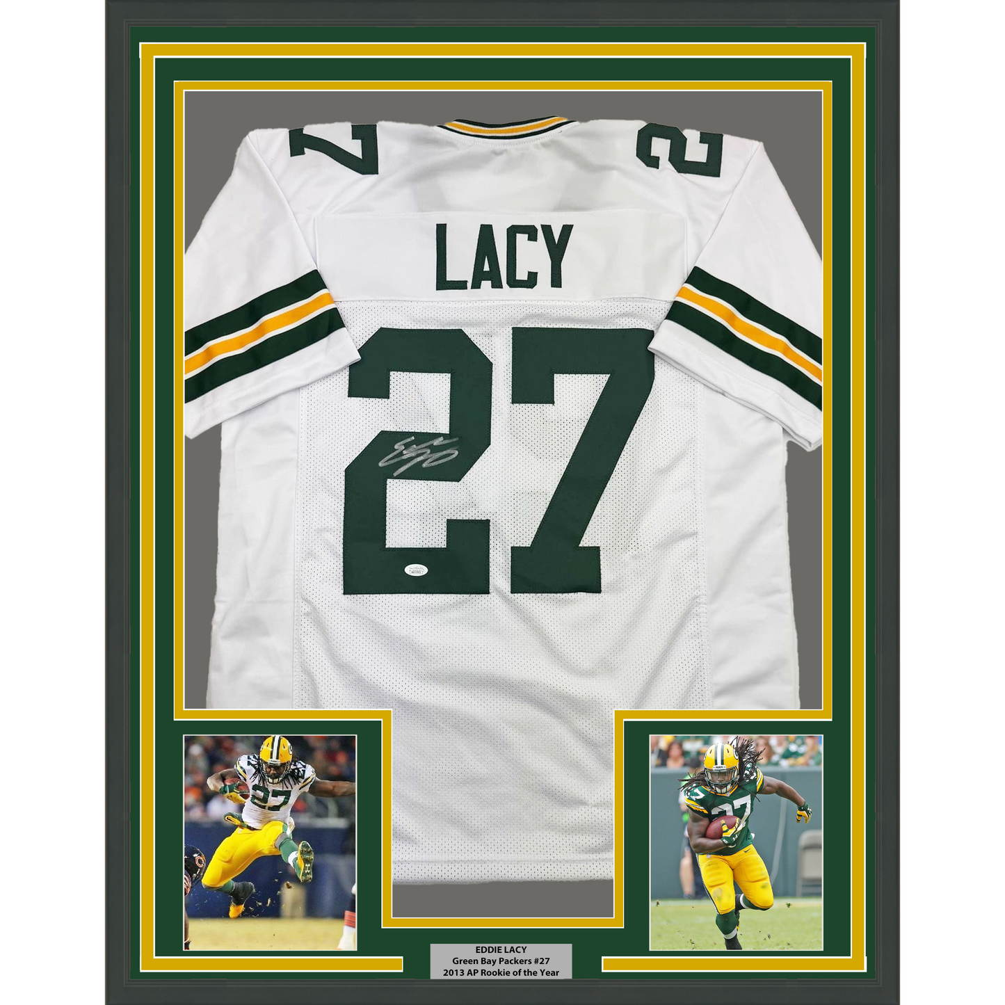 Framed Autographed/Signed Eddie Lacy 35x39 Green Bay White Football Jersey JSA COA