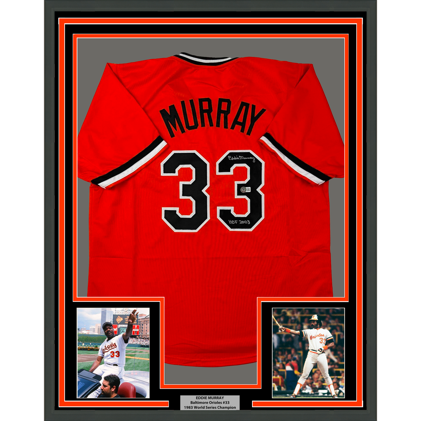 Framed Autographed/Signed Eddie Murray 35x39 Baltimore Orange Baseball Jersey Beckett BAS COA
